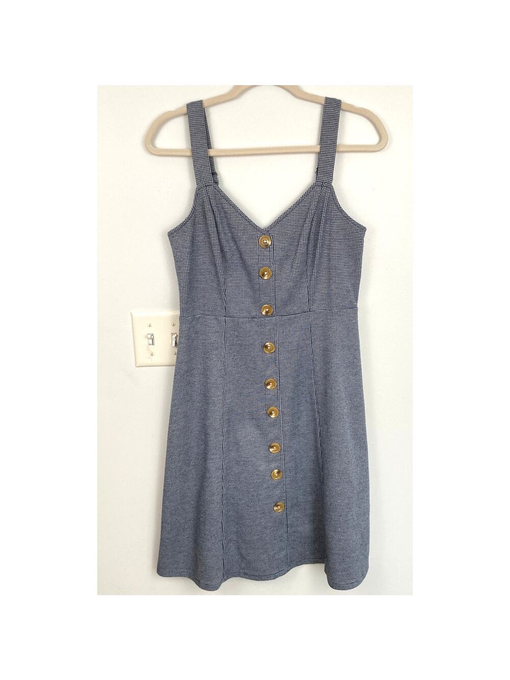 Modcloth Womens M Blue Houndstooth Button Front Jumper Dress Twee Academia